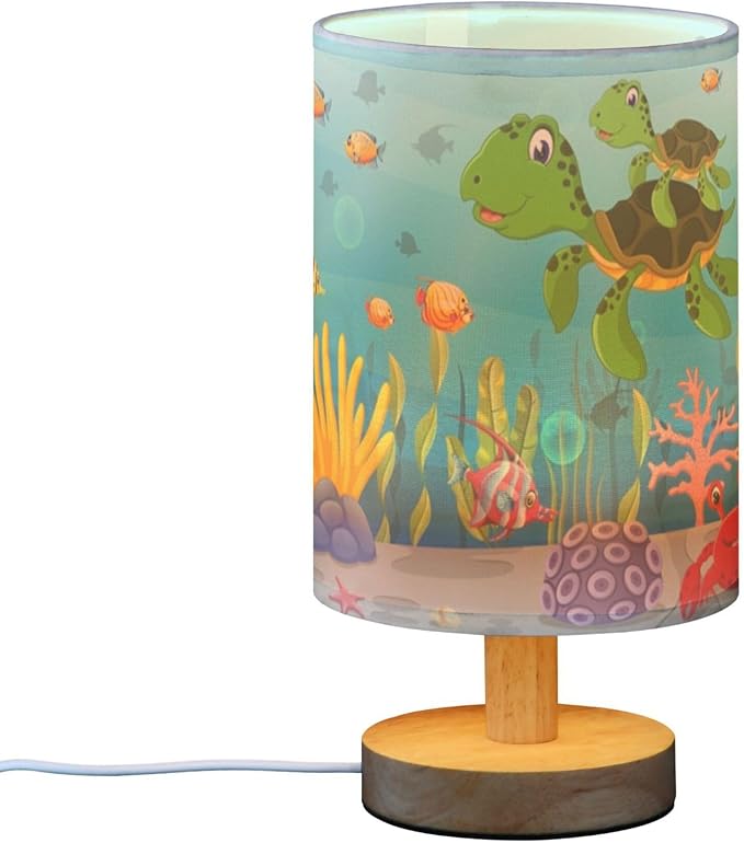 Table Lamp Colorful Underwater Sea Turtle Octopus Crab Fish Coral Aquatic Nightstand Lamp with Wood Base Fabric Lamp Shade Bedside Desk Lamp for Living Room Bedroom Kids Room Office - Bloomnest