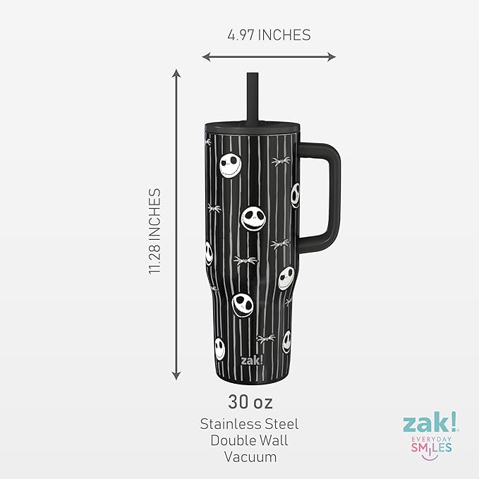 Zak Designs Disney Tim Burton's The Nightmare Before Christmas Sutton Travel Tumbler for On the Go, 30oz Stainless Steel with Vacuum Insulation and Silicone Straw for Cold Drinks (Jack Skellington) - Bloomnest
