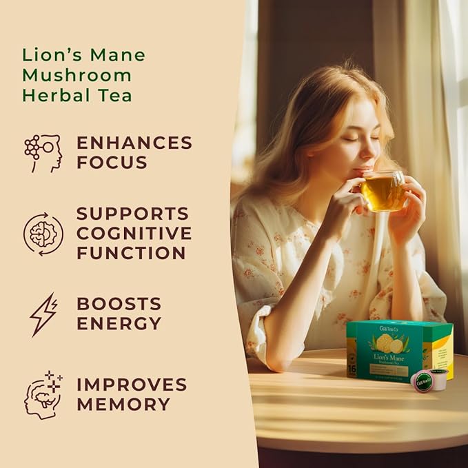 Gya Tea Co Lion's Mane Mushroom Tea Gift Set (16 Count) - Decaf Tea Pod for Lovers Get Well Gifts - Manually Harvested - Enjoy Hot or Iced - Bloomnest
