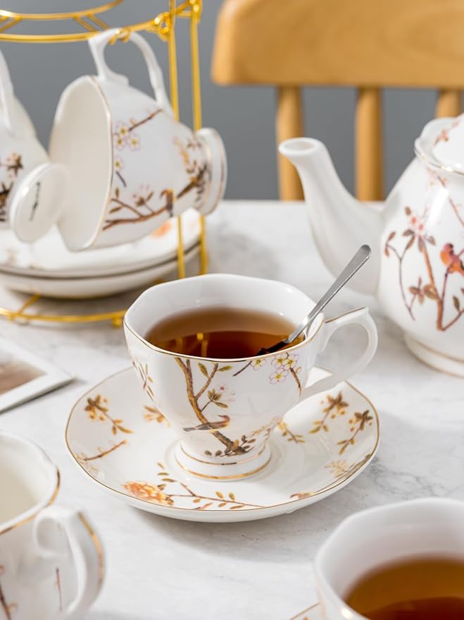 Jusalpha Fine China Bird Tree Pattern Coffee Cup/Teacup Set, 8 OZ Cups& Saucer Service for 4, with Teapot-Sugar Bowl-Cream Pitcher Teaspoons and tea strainer for Tea/Coffee, 17-Pieces (Bird Tree) - Bloomnest
