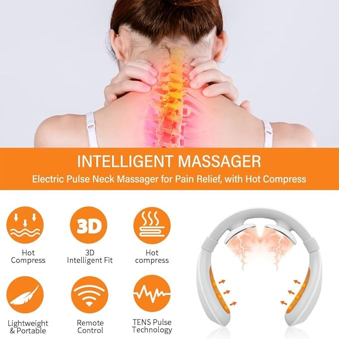Neck Massager with Heat，Electric TENS Machine for Pain Relief，15 Levels Deep Tissue Massage, Portable Wireless and Soothing, Transcutaneous Electrical Nerve Stimulator for Women
