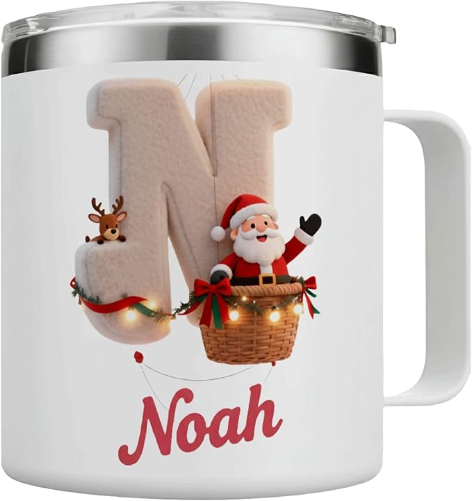 Personalized Christmas Mug | Custom Santa & Reindeer Flight Initial Insulated Coffee Cup with Handle & Lid | 12oz Holiday Tumbler, Cute Stocking Stuffer Gift (B15) - Bloomnest
