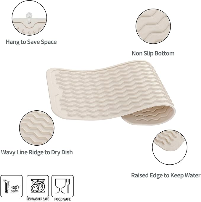 Silicone Dish Drying Mat for Multiple Usage,Easy clean,Eco-friendly,Heat-resistant Silicone Mat for Kitchen Counter,Sink,Bar,Bottle,or Cup Tapioca M 17 inches x 6 inches - Bloomnest
