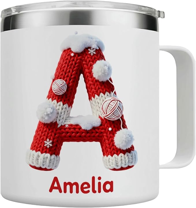Personalized Christmas Mug with Name, 12oz Insulated Coffee Tumbler with Handle, Custom Cozy Knit Sweater Initial Cup, Festive Holiday Xmas Gift for Men & Women (B08) - Bloomnest