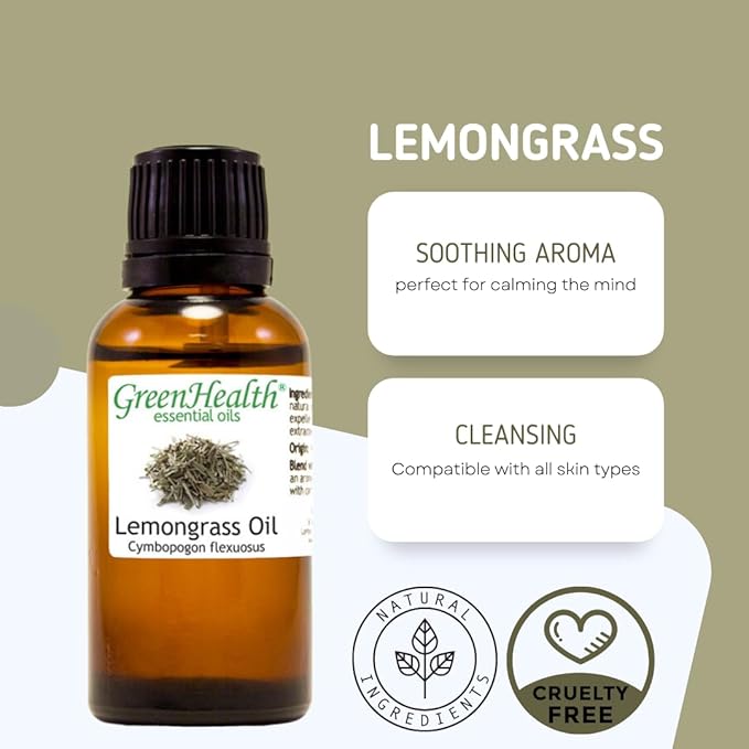 GreenHealth Essential Oil - 2 fl oz (59 ml) Glass Bottle with Cap - 100% Pure Essential Oil (Lemongrass)