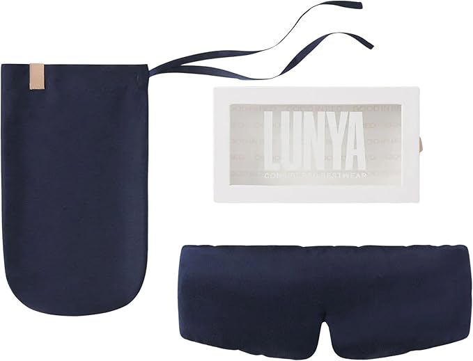 Lunya Weighted Silk Sleep Mask – Mulberry Silk Eye Cover with Cooling Glass Beads, Noise-Reducing Fit, Washable Fabric, and Travel Pouch – Sleeping Mask for Men and Women - Deep Blue - Small - Bloomnest