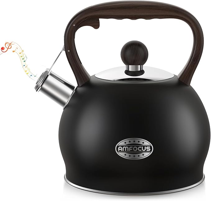 Tea Kettle Whistling Teapot for Stovetop : 2.64 Quart Food Grade Stainless Steel Tea Pot with Ergonomic Handle, Loud Whistle Camping Kettle for Tea, Coffee, Milk - Black - Bloomnest