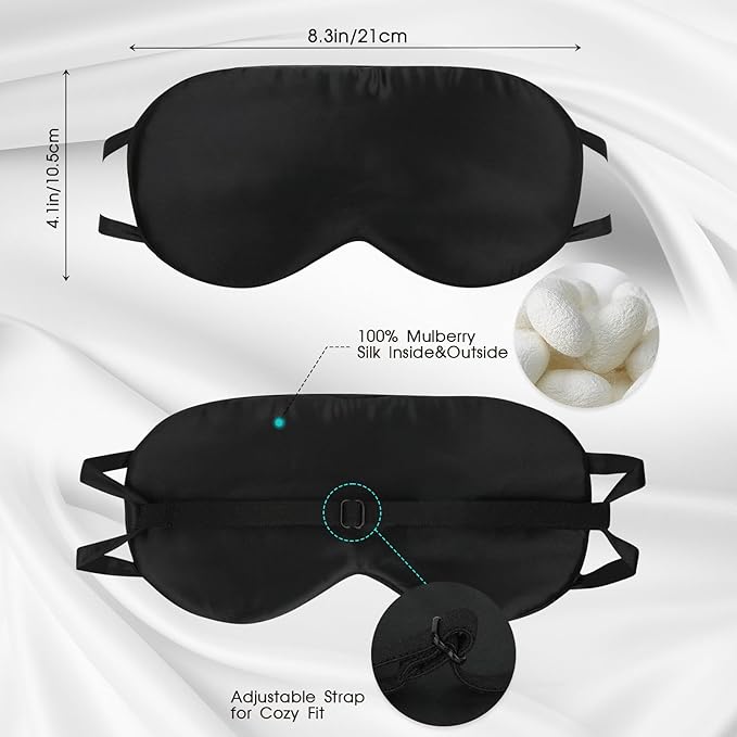 Adjustable Silk Sleeping Mask for Travel/Plane/Side Sleeper Pure Mulberry Silk Eye Mask for Sleep/Men/Women/Adults Thin Cooling Eye Cover,Black - Bloomnest