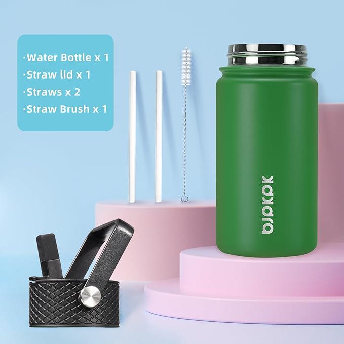 BJPKPK Water Bottle with Straw Lid, 15 oz Insulated Water Bottle, Stainless Steel Metal Water Bottles, Reusable Leak Proof BPA Free Thermo, Flask, Cups, Macaron-Matcha - Bloomnest