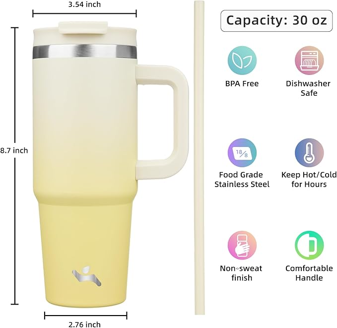 30 oz Tumbler with Handle and 2 Straws,2 in 1 Lid Insulated Water Bottle Stainless Steel Travel Coffee Mug,Lemon - Bloomnest