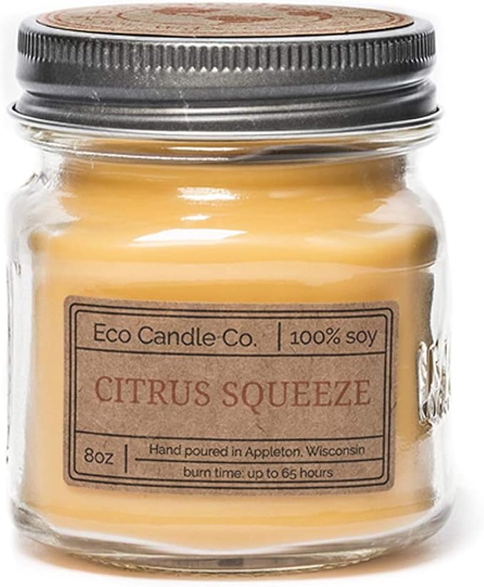 ECO CANDLE CO. Mason Jar Candle, Citrus Squeeze, 8 oz. - Scents of Orange, Tangerine, Grapefruit, Lemon, & Lime - 100% Soy Wax, No Lead, Kraft Label & Antiqued Pewter Lid, Hand Made, Midwest Soybeans - Bloomnest