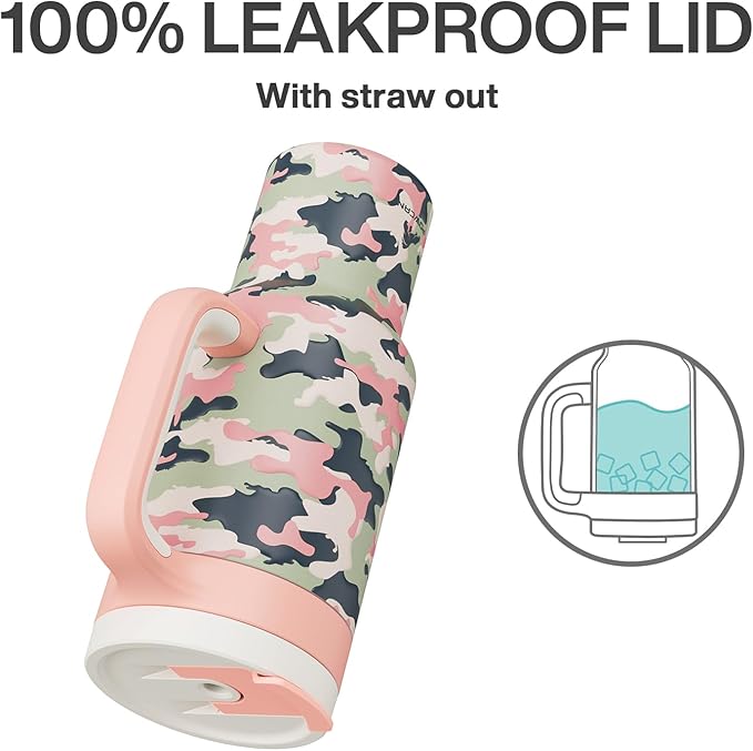 40 oz Camo Tumbler with Handle, 2-in-1 Straw and Sip Lid, Leakproof, Dishwasher Safe, Insulated Stainless Steel Travel Coffee Mug, Keeps Cold for 34 Hours, Fits in Car Cup Holder (Rose Dappled) - Bloomnest