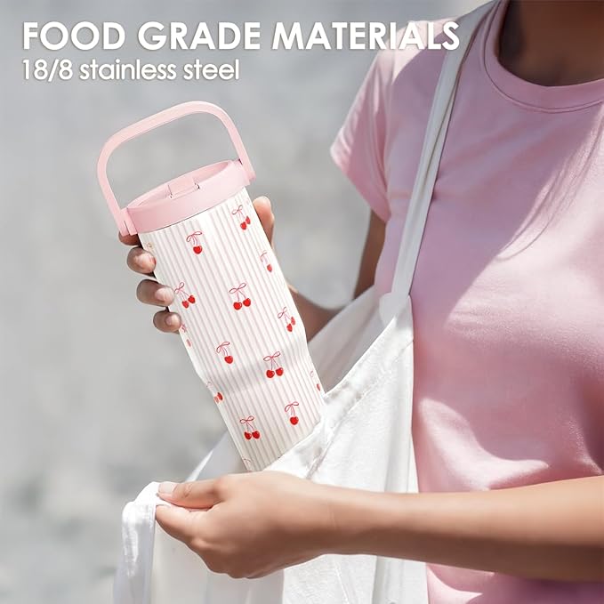 SANDJEST Cherry Stainless Steel Straw Lid Tumbler 30oz with Carry Handle for Women Girls, Aesthetic Insulated Travel Coffee Cup, Gift for Sports Workout Birthday Christmas - Bloomnest