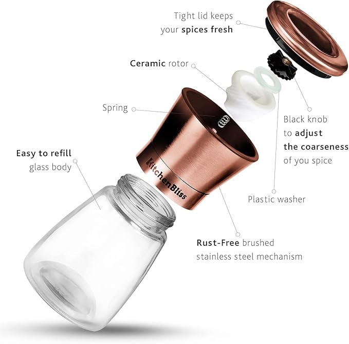 Kitchen Bliss Premium Copper Stainless Steel Salt and Pepper Grinder Set - Short Glass Shakers - Adjustable Coarseness Mills - Refillable with Himalayan Salt, Black Peppercorn - Set of 2 - Bloomnest