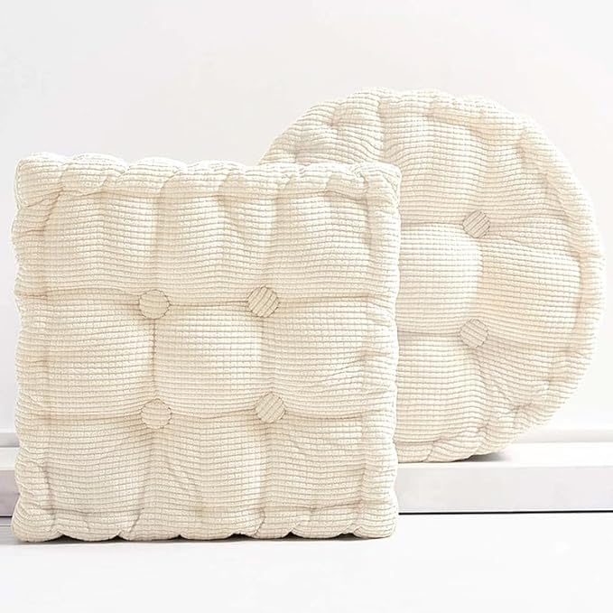 Meditation Floor Pillow Set of 2 Large Square and Round Floor Cushions for Adults Ivory Corduroy Floor Seat Pillows Cushion for Living Room Balcony Tatami Yoga,18x18 Inch - Bloomnest