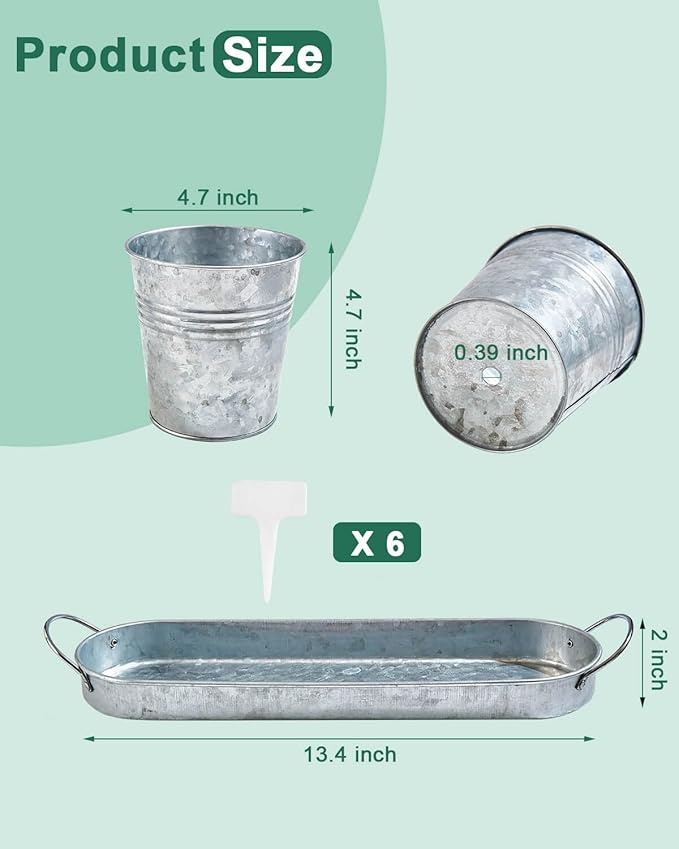 vensovo Indoor Herb Planter Set - Galvanized Windowsill Garden Pots with Tray & Drainage, Set of 3 Metal Window Planters for Kitchen & Outdoor Use, Silver - Bloomnest