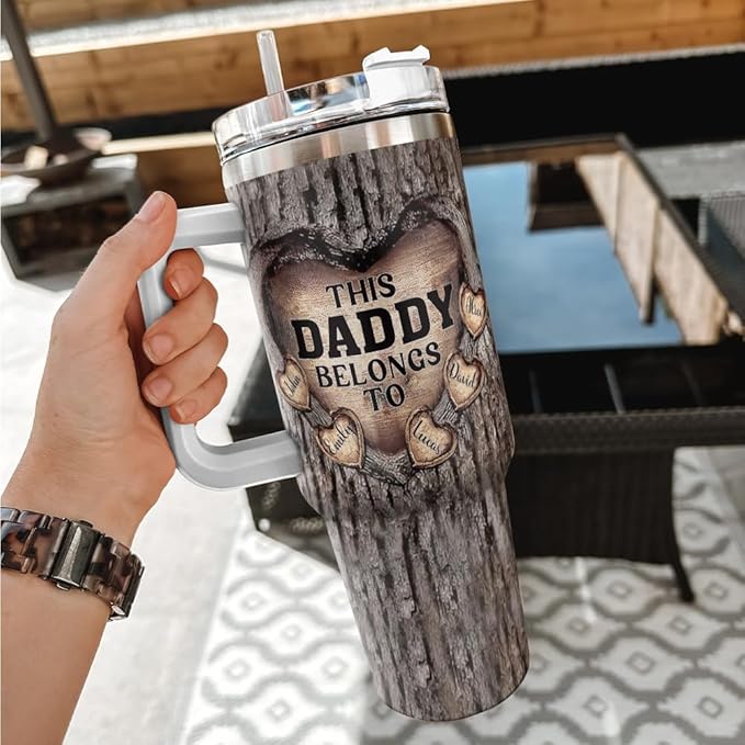 This Daddy Belongs To Personalized Tumbler with Handle, Custom Names Carved Wood Heart 20oz 30oz Stainless Steel Insulated Travel Mug Gift for Dad - Bloomnest