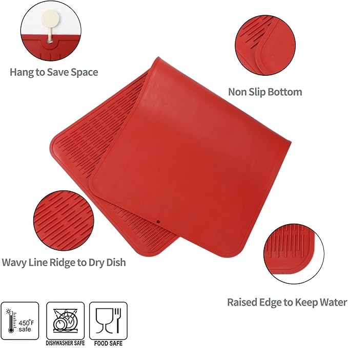 Silicone Dish Drying Mat for Multiple Usage,Easy clean,Eco-friendly,Heat-resistant Silicone Mat for Kitchen Counter or Sink,Refrigerator or Drawer Liner Red 5XL 36inches x 18inches - Bloomnest