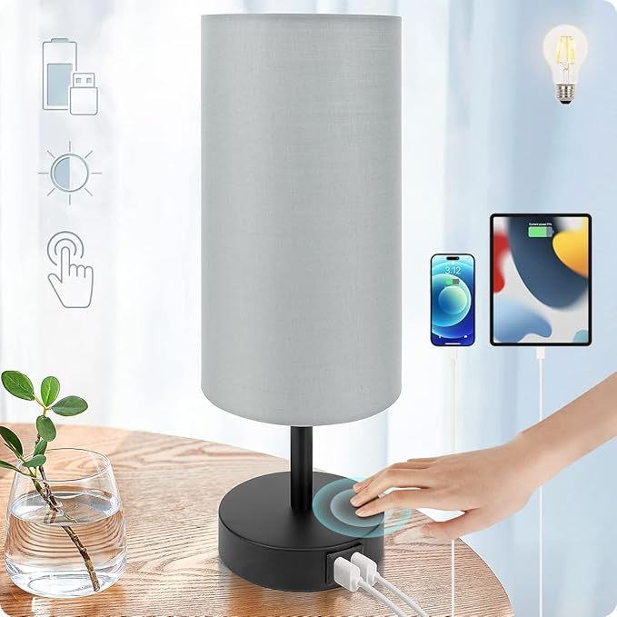 Yarra-Decor Bedside Lamp with USB Port - Touch Control Table Lamp for Bedroom 3 Way Dimmable Nightstand Lamp with Round Grey Fabric Shade for Living Room, Dorm, Home Office (LED Bulb Included) - Bloomnest