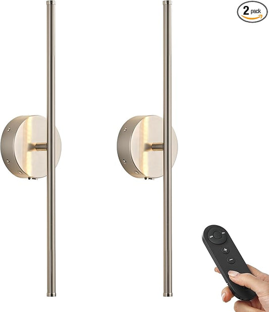 Battery Operated Wall Sconces with Remote Control, Dimmable Wall Sconces Set of Two, 350°Rotate, 3000K LED Nickel Wireless Wall Light for Living Room, Bedroom, Hallway, 20.4 Inch (2 Pack) - Bloomnest