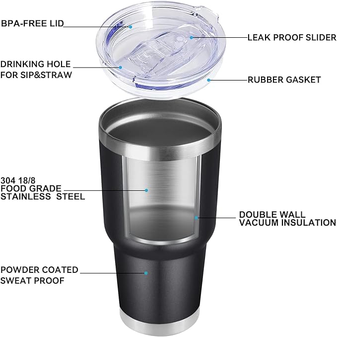 DOMICARE 30 oz Tumbler with Lid and Straw, Stainless Steel Tumblers Bulk, Insulated Vacuum Double Wall Travel Coffee Mug, Durable Powder Coated Tumbler Cups (Black, 12)