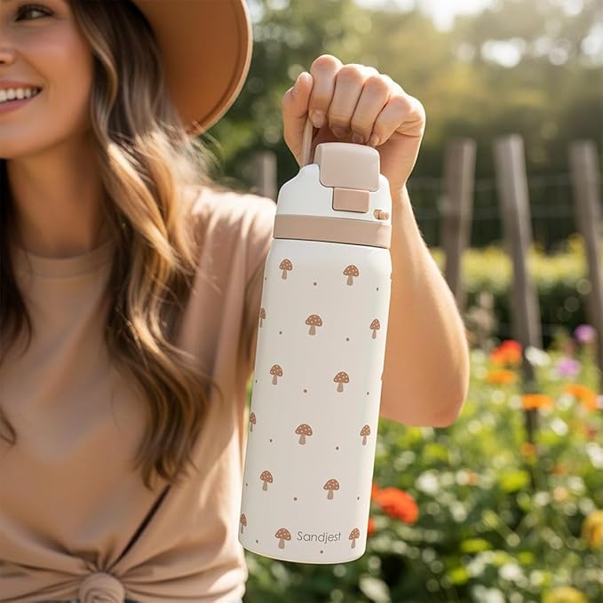 Mushroom Insulated Stainless Steel Water Bottle with Straw for Sports and Travel, 32oz, Gifts for Women Girls Friends Teens Birthday Christmas SANDJEST