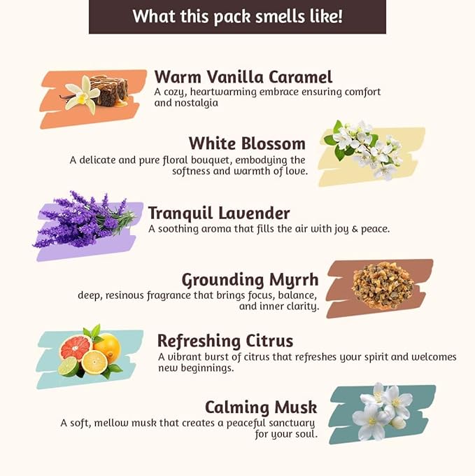 Folkulture Incense Stick with Holder | Set of 6 (120 Fall Insence-Sticks) with 45 Min Burn Time | Non Toxic Myrrh & Lavender Inscents-Stick | Organic Citrus Fall Scents, Vanilla Caramel Incienso