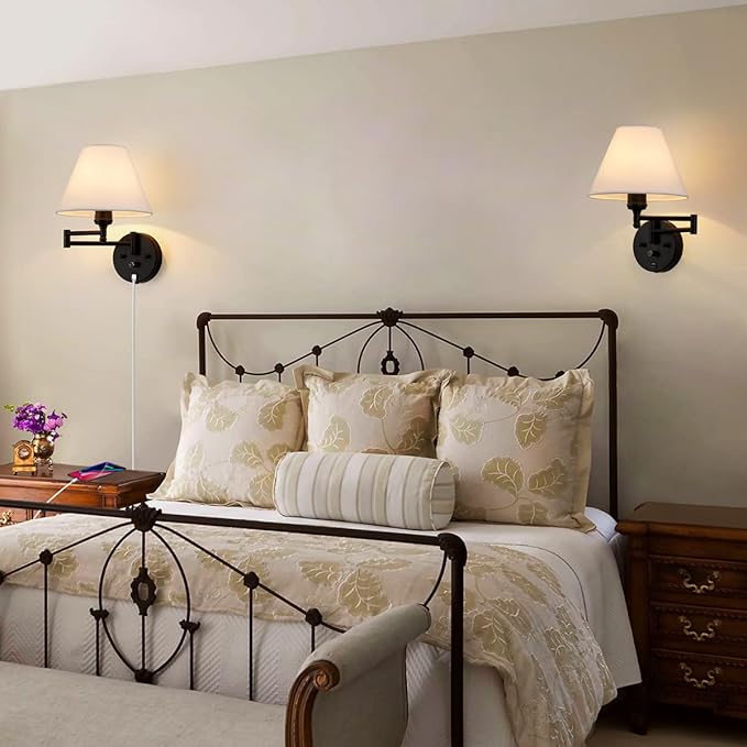 Swing Arm Wall Sconces, Plug-in Wall lamp,Bedroom Wall lamp ， White Fabric Shade，，with dimmable Switch and USB Charging Port, Suitable for Bedside, Living Room, Reading (Black) - Bloomnest