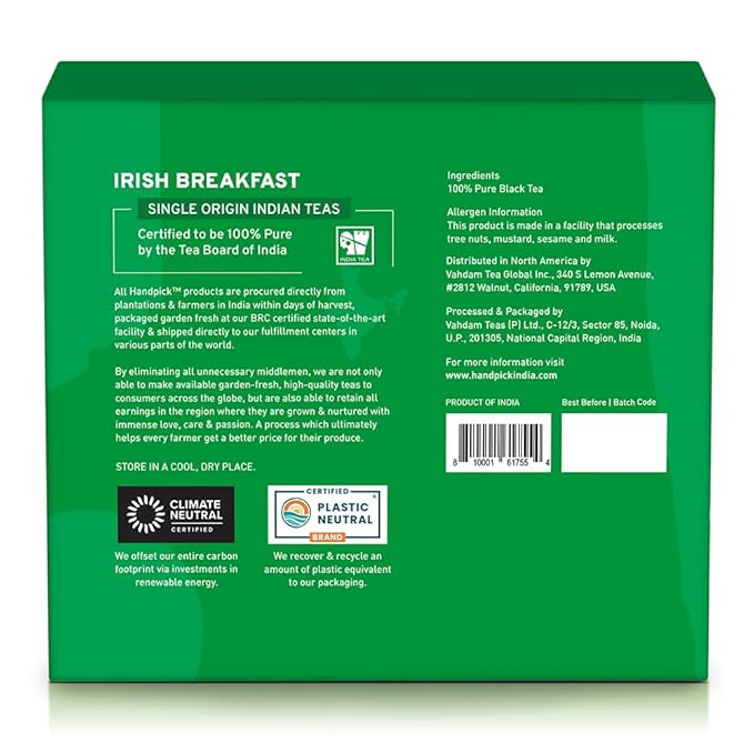 HANDPICK, Irish Breakfast Black Tea Bags (100 Count) Gluten-Free, Non-GMO | Strong, Robust & Bold Flavor | Round Eco-Conscious Tea Bags - Bloomnest