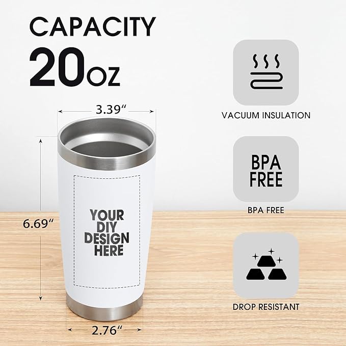 Personalized Custom Tumbler Print in USA 96 Pcs 20oz Stainless Steel Coffee Cup with Lid & Straw Double Wall Insulated Tumbler with Colorful Text Logo Photo - Bloomnest