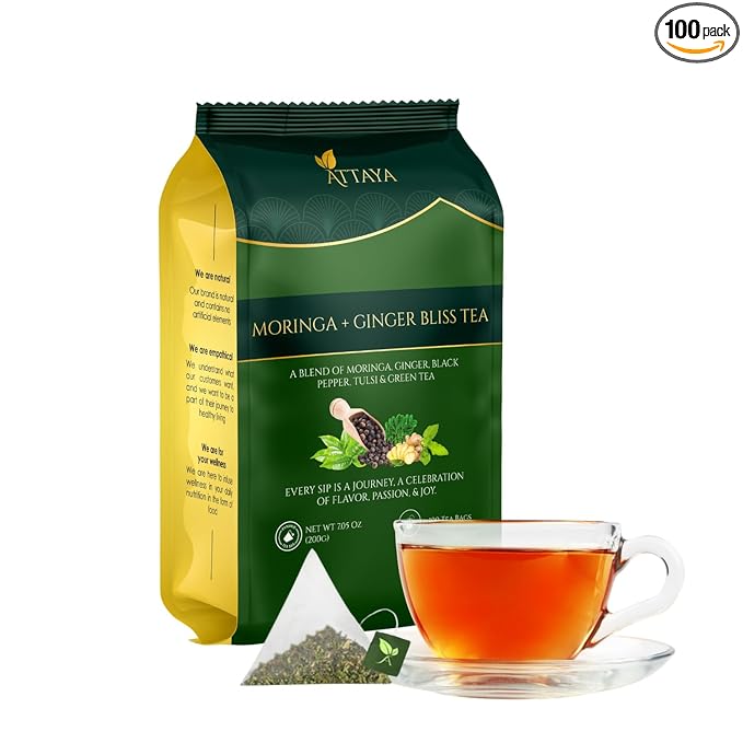 Attaya Moringa Ginger Bliss Tea – 100 Pyramid Bags | Antioxidant Superblend for Energy, Metabolism & Immunity | Moringa • Ginger • Tulsi • Black Pepper • Green Tea - Bloomnest