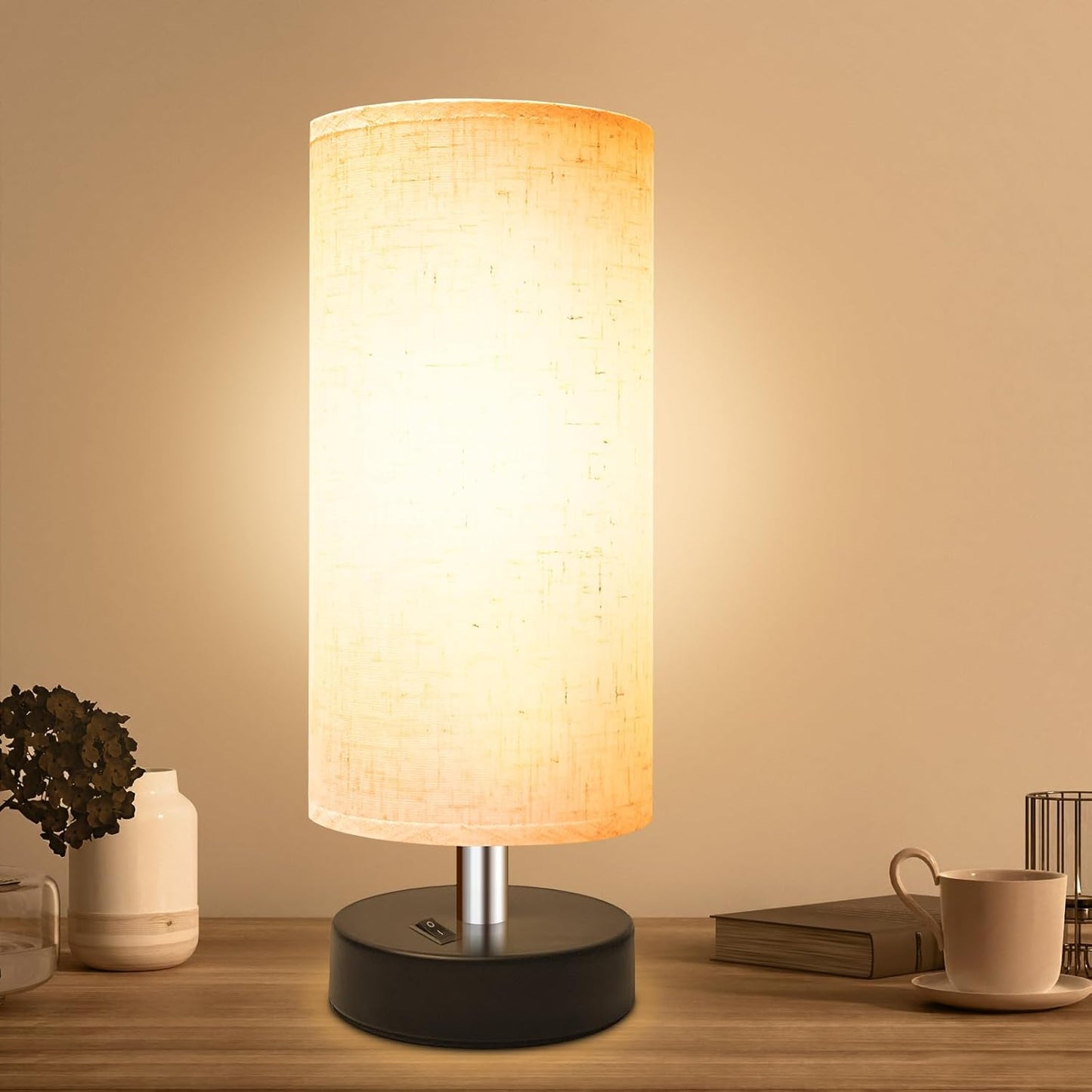 Small Lamp for Bedroom, Bedside Lamps for Night Stands, Mini Minimalist Table Lamp with Round Flaxen Fabric Shade, 11 Inch Desk Reading Lamp for Dorm Room Living Room Office Room, 1 Pack