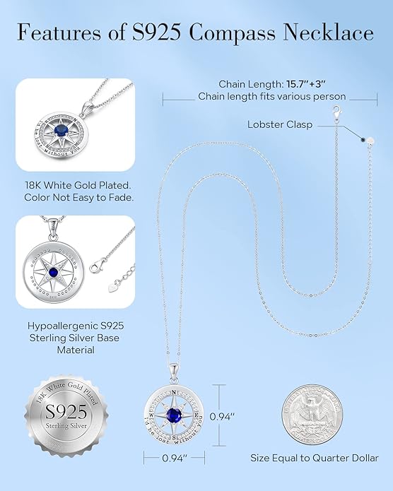 S925 Necklace Gift for Wife |Compass Jewelry |Women Anniversary |Sterling Silver |Girlfriend Birthday Gifts for Her Valentines |I'd be Lost without You |Jewel 18K Gold - Bloomnest