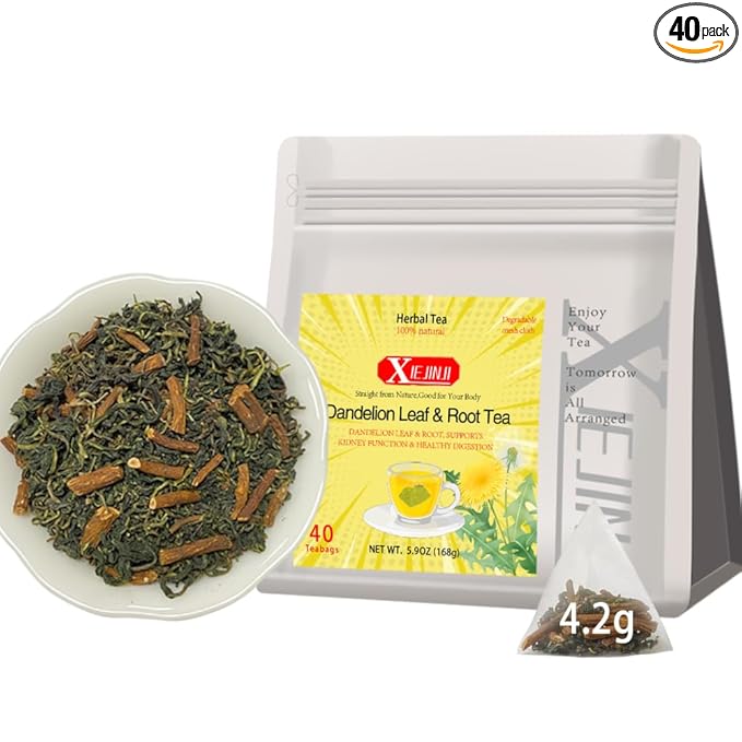 XIEJINJI Dandelion Tea, 100% Pure Dandelion Root & Leaf, 4.2g*40Count, Re-usable for Brew, Caffeine-Free Herbal Blend to Support Liver & Kidney Function, Eco-Conscious Tea Bags - Bloomnest