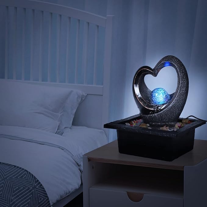 Ferrisland Tabletop Water Fountain, Zen Meditation Indoor Waterfall Fountain, Heart Shape Decoration with LED Light for Home Office Bedroom Relaxation Decor, Gift Ideas - Bloomnest
