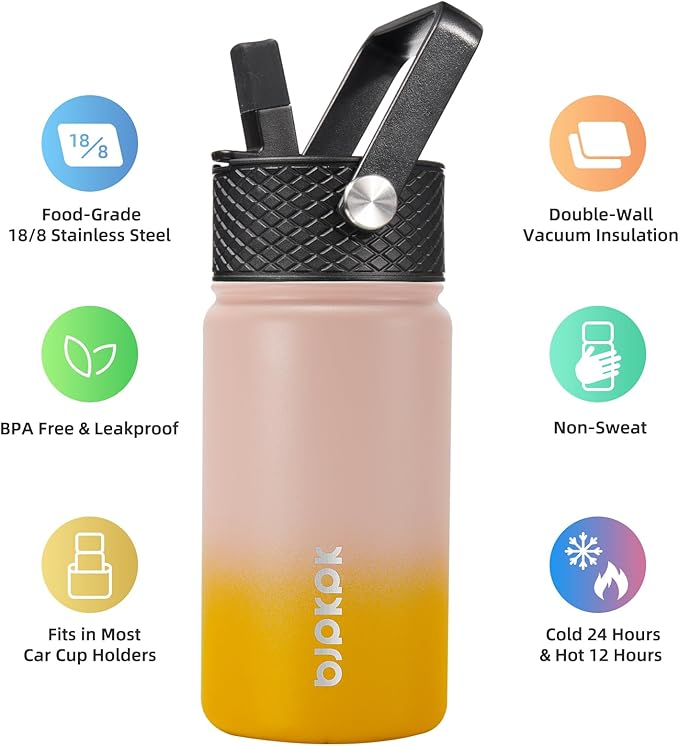BJPKPK Water Bottle with Straw Lid, 15 oz Insulated Water Bottle, Stainless Steel Metal Water Bottles, Reusable Leak Proof BPA Free Thermo, Flask, Cups, Coral - Bloomnest
