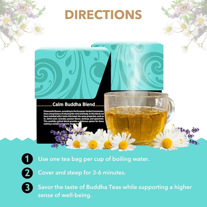 Buddha Teas - Calm Buddha Blend - Organic Herbal Tea - For Health & Wellbeing - Blend of Organic Herbs - Clean Ingredients - Caffeine Free - OU Kosher & Organic - Non-GMO - 18 Bleach-Free Tea Bags - Bloomnest