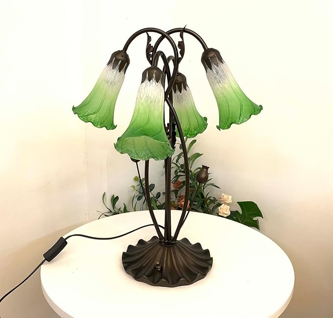 Bieye L10857 Lily Flower Blown Glass Accent Table Lamp for Living Room Bedroom Decoration (4-Light, Green) - Bloomnest
