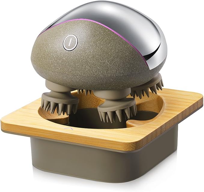 Breo Portable Mini Scalp Massager – IPX7 Waterproof Rechargeable Head Massager for Scalp Relax, Stress Relief Tool with Bamboo Wood Charging Base, Removable Massage Nodes (Silver with Base) breo