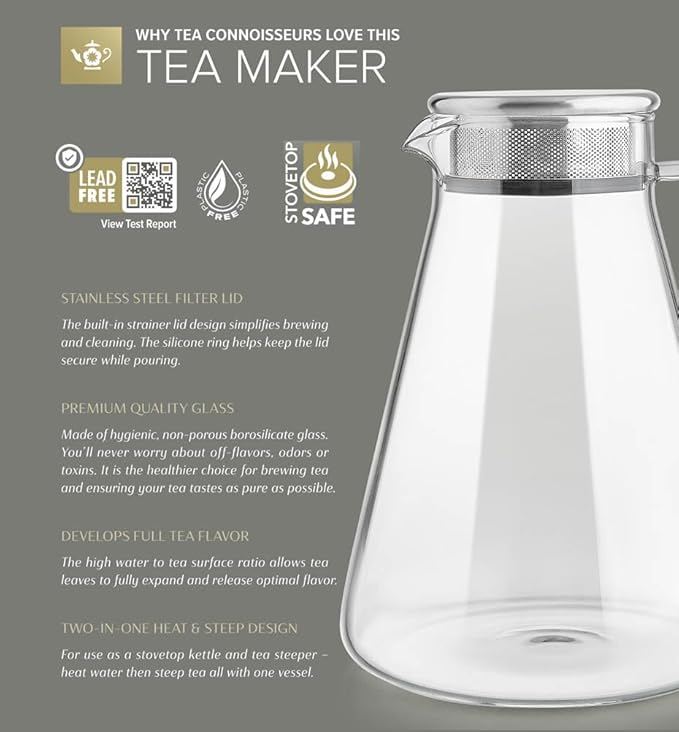 Teabloom One-Touch Tea Maker, 2-in-1 Teapot and Kettle with Stainless Steel Filter Lid for Loose Tea – Stain-free Borosilicate Glass Teapot (56 Oz) – Tea Connoisseur's Choice - Bloomnest