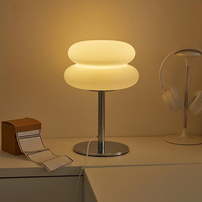 Vintage Table Lamp for Bedroom, Mid Century Modern Dimmable Night Light, Aesthetic Egg Tart Desk Lamp, Cozy Ambient Lighting for Living Room & Home Decor (White, Not-Glass) - Bloomnest
