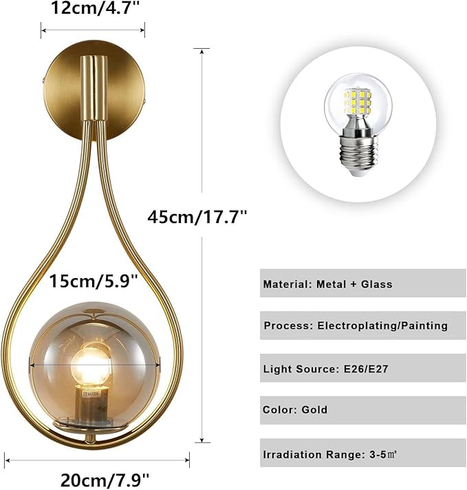 KCO Lighting Modern Vintage Gold Teardrop Wall Sconce Farmhouse Globe Wall Light Fixture Cordless Sconces Wall Lighting for Stairwell Bathroom Bedroom (Gold + Smoke Grey) - Bloomnest