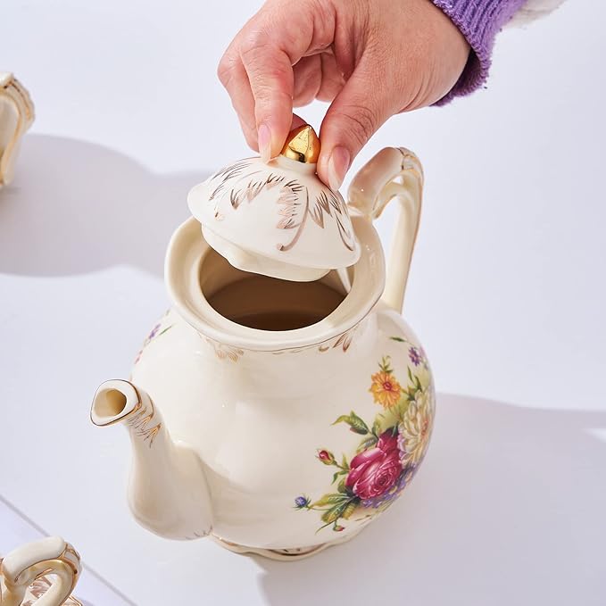 YOLIFE Floral Teapot, 35oz/4 Cup Vintage Ivory Ceramic Tea Pot with Infuser for Loose Leaf Tea, Flowering Shrubs Teapot with Gold Trim - Bloomnest