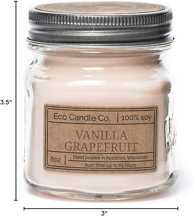 ECO CANDLE CO. Mason Jar Candle, Vanilla Grapefruit, 8 oz. - Scents of Vanilla & Pink Grapefruit - 100% Soy Wax, No Lead, Kraft Label & Antiqued Pewter Lid, Hand Poured, Midwest Grown Soybeans - Bloomnest