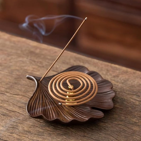 2-Style Ceramic Incense Burner, Bodhi&Ginkgo Leaf Design, Ceramic Incense Holder for Sticks with Ash Catcher&Built-in Stand, Zen Meaning Decor for Home, Office&Yoga/Sage/Cone(Brown and White) - Bloomnest