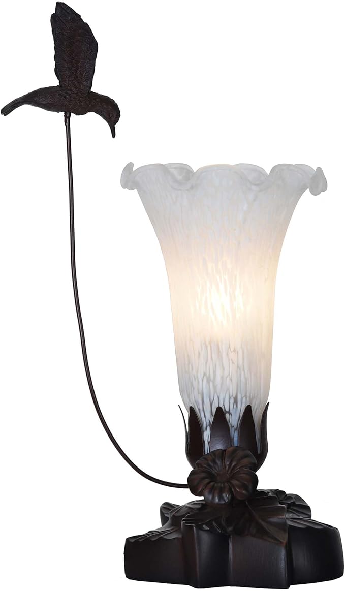 Bieye LL10 Hummingbird Flying Over Lily Flower Blown Glass Table Lamp for Home Decor (White, 4.25Wx12H)