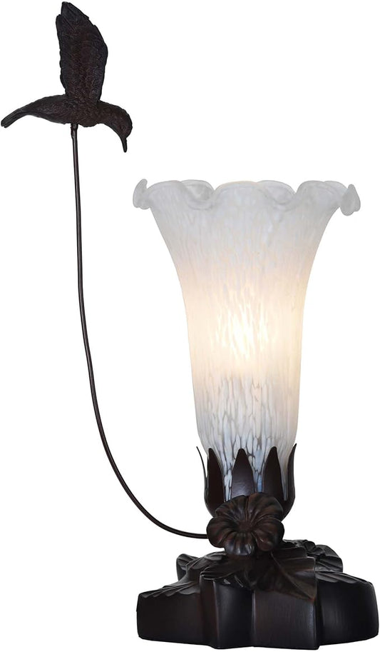 Bieye LL10 Hummingbird Flying Over Lily Flower Blown Glass Table Lamp for Home Decor (White, 4.25Wx12H)