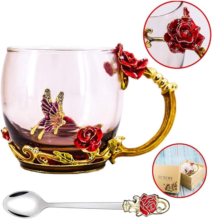 Luka Tech Enamel Butterfly flower Lead-free Glass Coffee Mugs Tea Cup with Steel Spoon, personalised Gifts For Women Wife Mom Girl Teacher Friends Birthday Mothers Valentines Day Wedding (Rose) - Bloomnest
