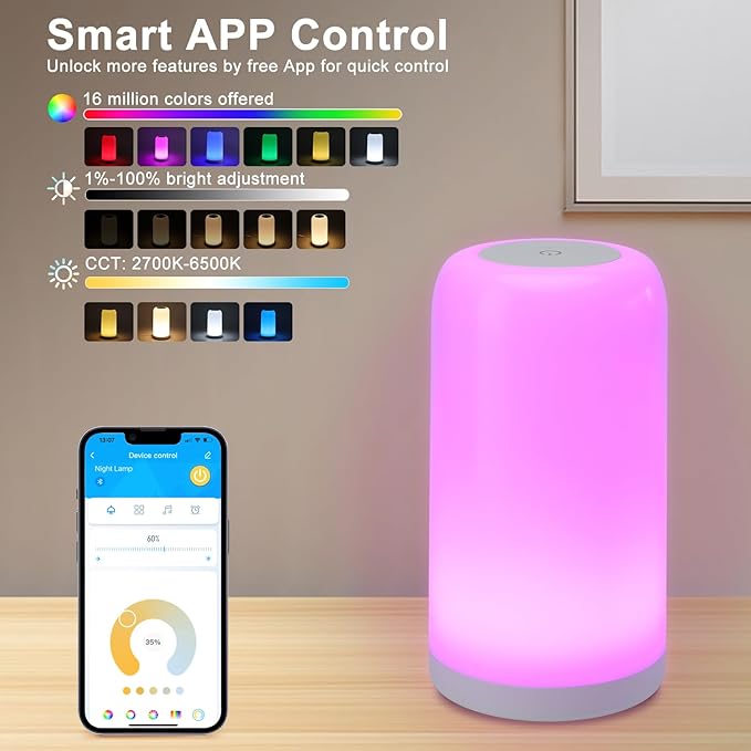 Dimmable Touch Night Light - 7 Brightness & 13 RGB Colors, Portable Bedside Lamp, Touch & App Control, Smart LED Lamp for Nursery, Reading, Decor - Bloomnest