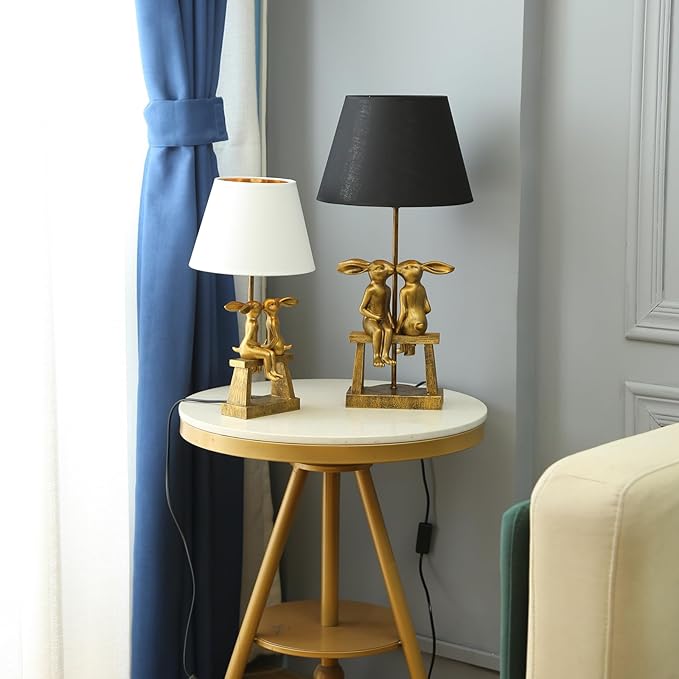 Kissing Bunny Lamp,H16ins Resin Gold Rabbit Table Lamp,Bedroom Bunny Night Light, Energy Efficient Nightstand Lamp,as Present for Belover (Small White Shade) - Bloomnest